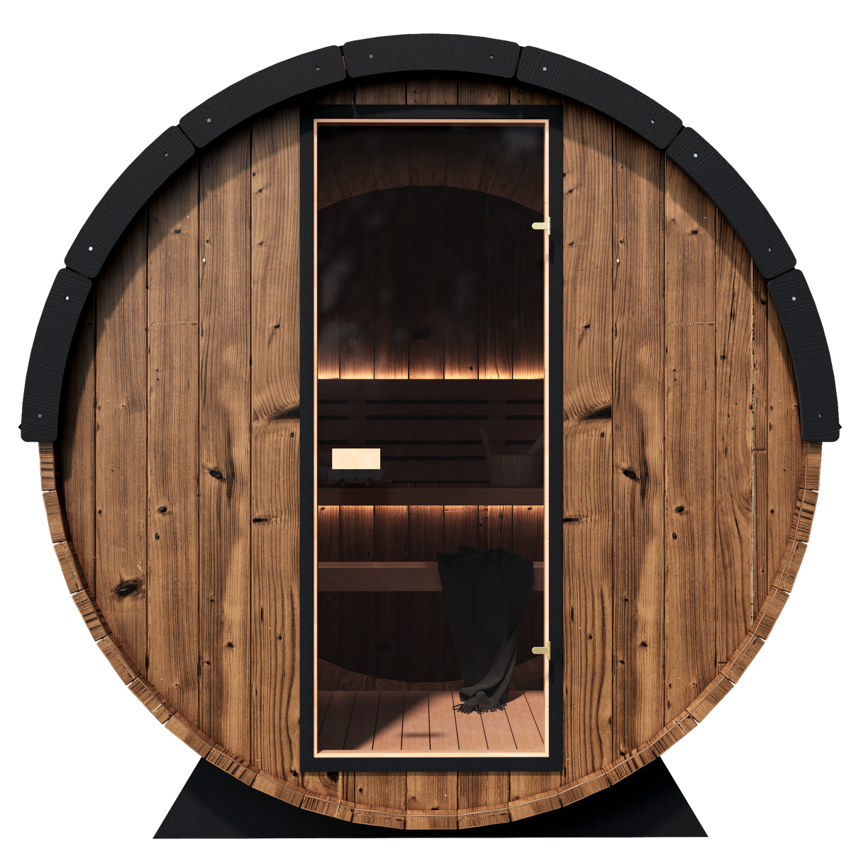 Nordic King Mid-sized 4-person barrel sauna with a thermally-modified pine exterior and a watertight shingled roof kit.