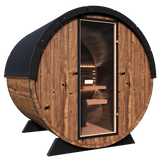 Side profile of the Nordic King sauna, showcasing its spacious barrel design and durable construction