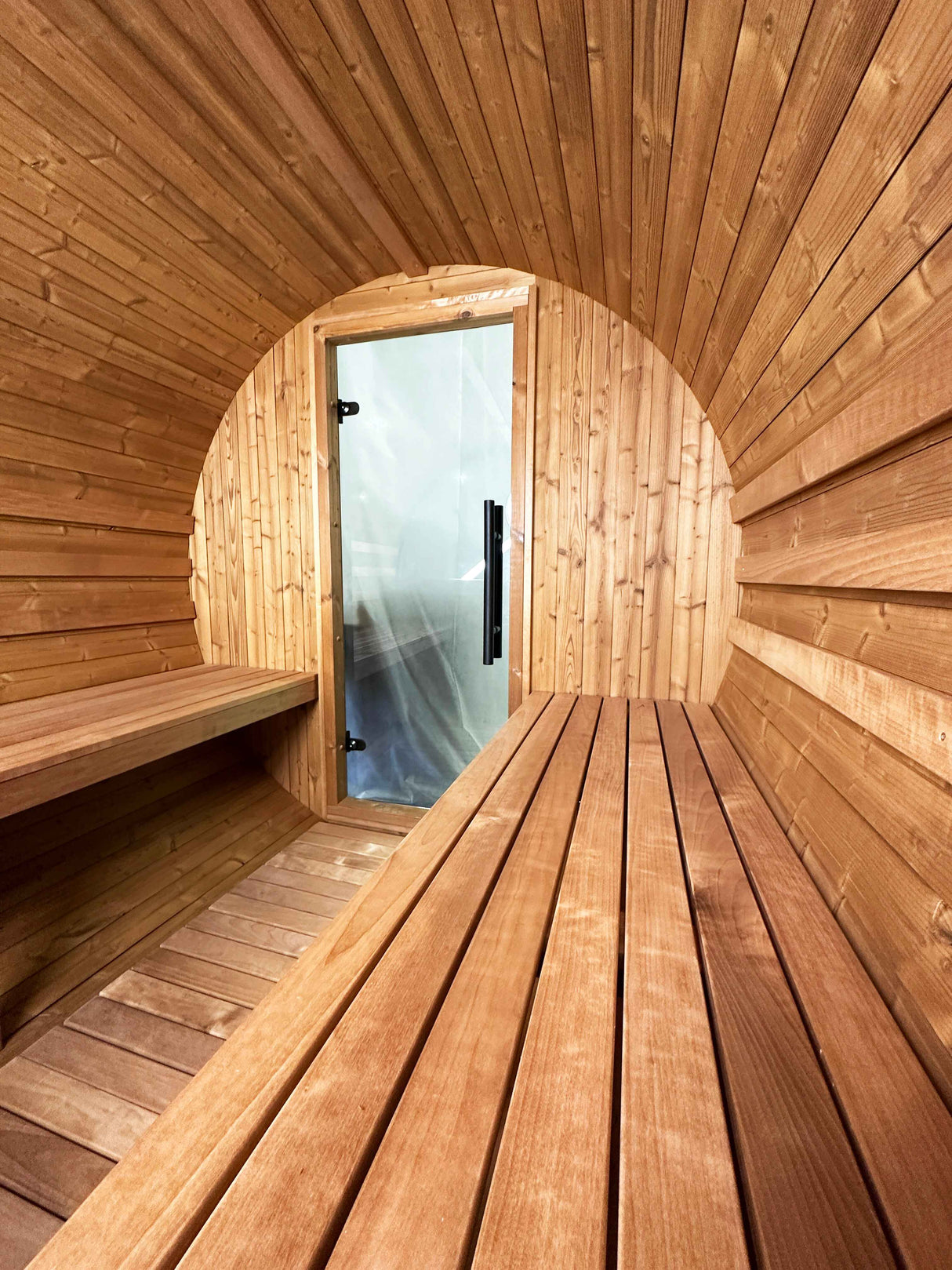 Perspective from inside the Panther 2-person barrel sauna