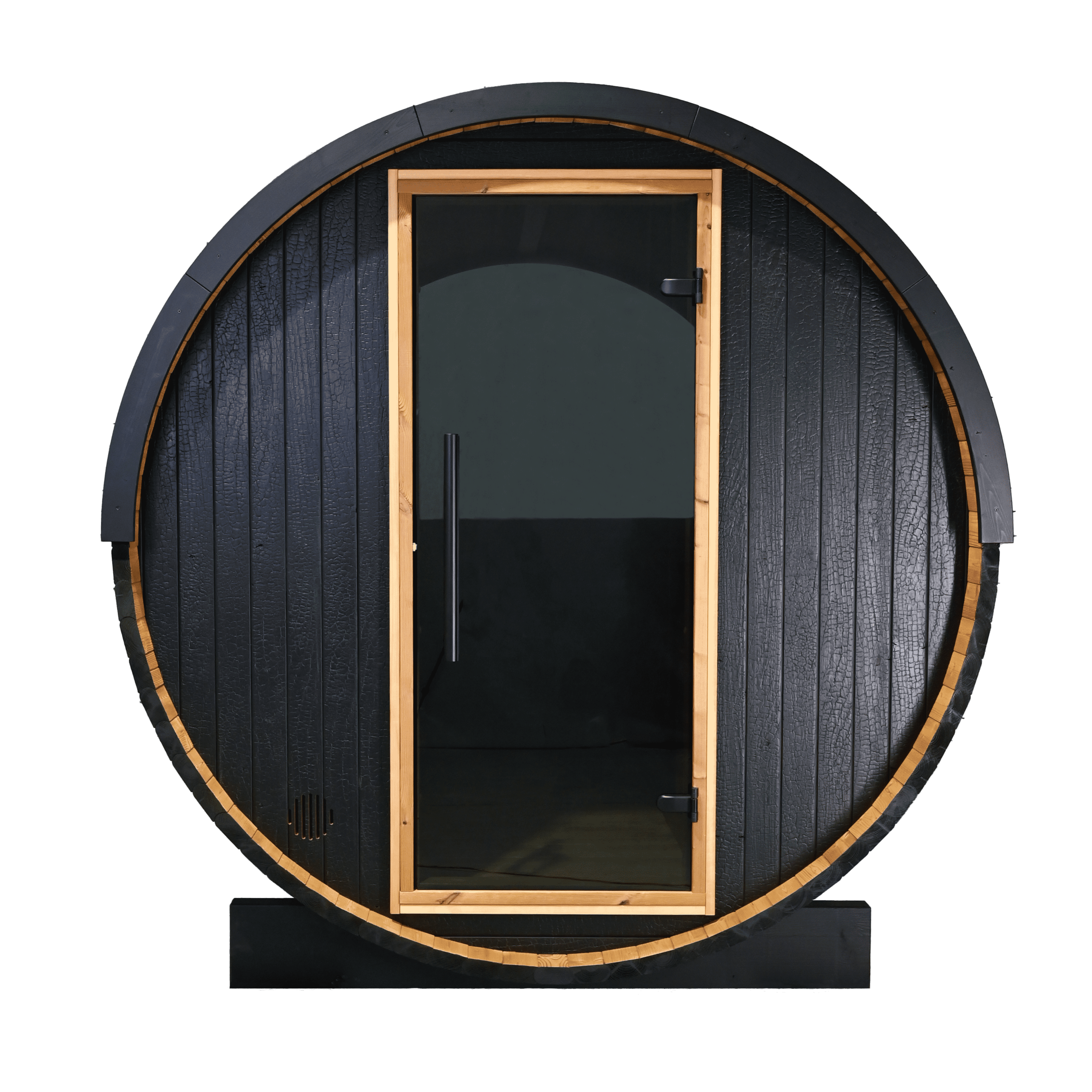 Front view of the Panther 2-person barrel sauna with a glass door for a clear outdoor view, thermally-modified black pine exterior