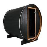 Side profile of the Panther 2-person barrel sauna , showcasing its sturdy barrel design and glass door.