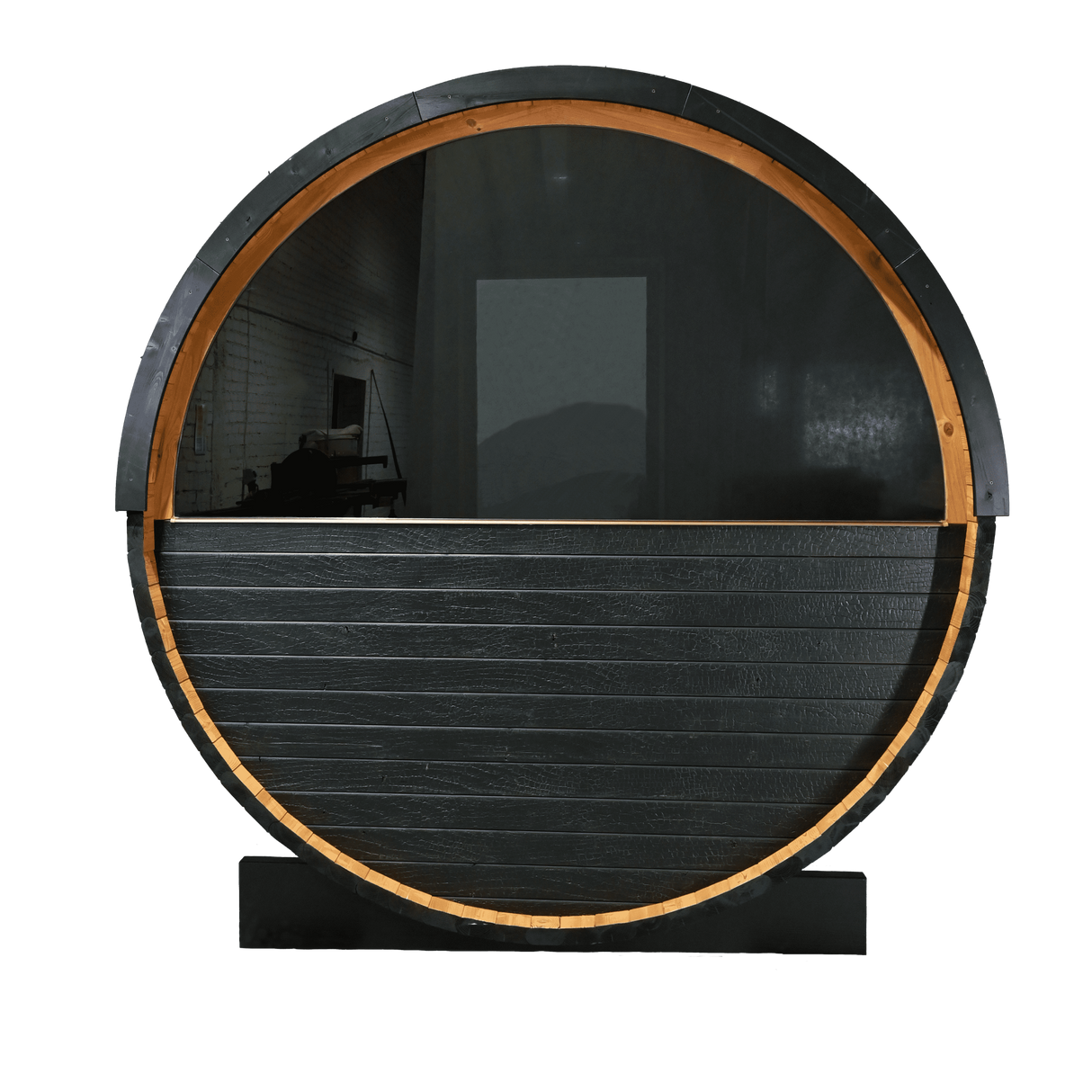 Back of the Panther 2-person barrel sauna, highlighting the curved barrel shape and premium craftsmanship with a full glass window in the back.