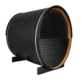 Rear view of the Panther 2-person barrel sauna, highlighting the curved barrel shape and premium craftsmanship with a full glass window in the back.