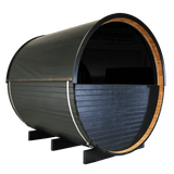 Rear view of the Nightshade 4-person barrel sauna, highlighting the curved barrel shape and premium craftsmanship with a full glass window in the back