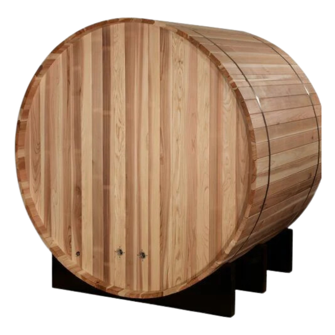 Rear view of the Gothenburg II 2-person barrel sauna, highlighting the curved barrel shape and premium craftsmanship.