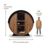 Dimensions of Nordic King  4-person Barrel Sauna made of wood with 2 benches and a full glass front with 7.7 feet base, 7.9 feet high and 6.9 feet deep compared to the average size of a human (5.9 feet)