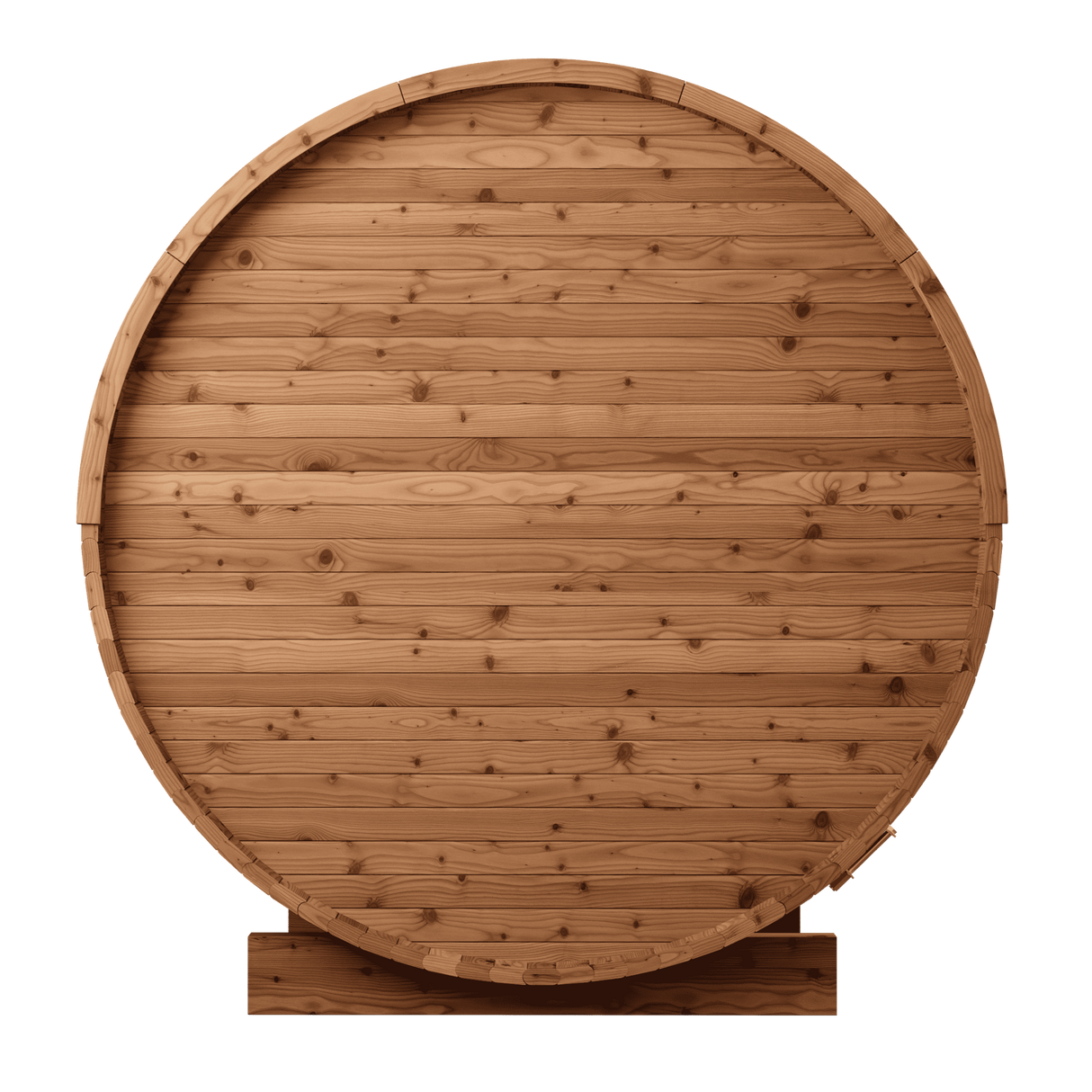 Back view of the Arcadia 4-person barrel sauna, highlighting the curved barrel shape