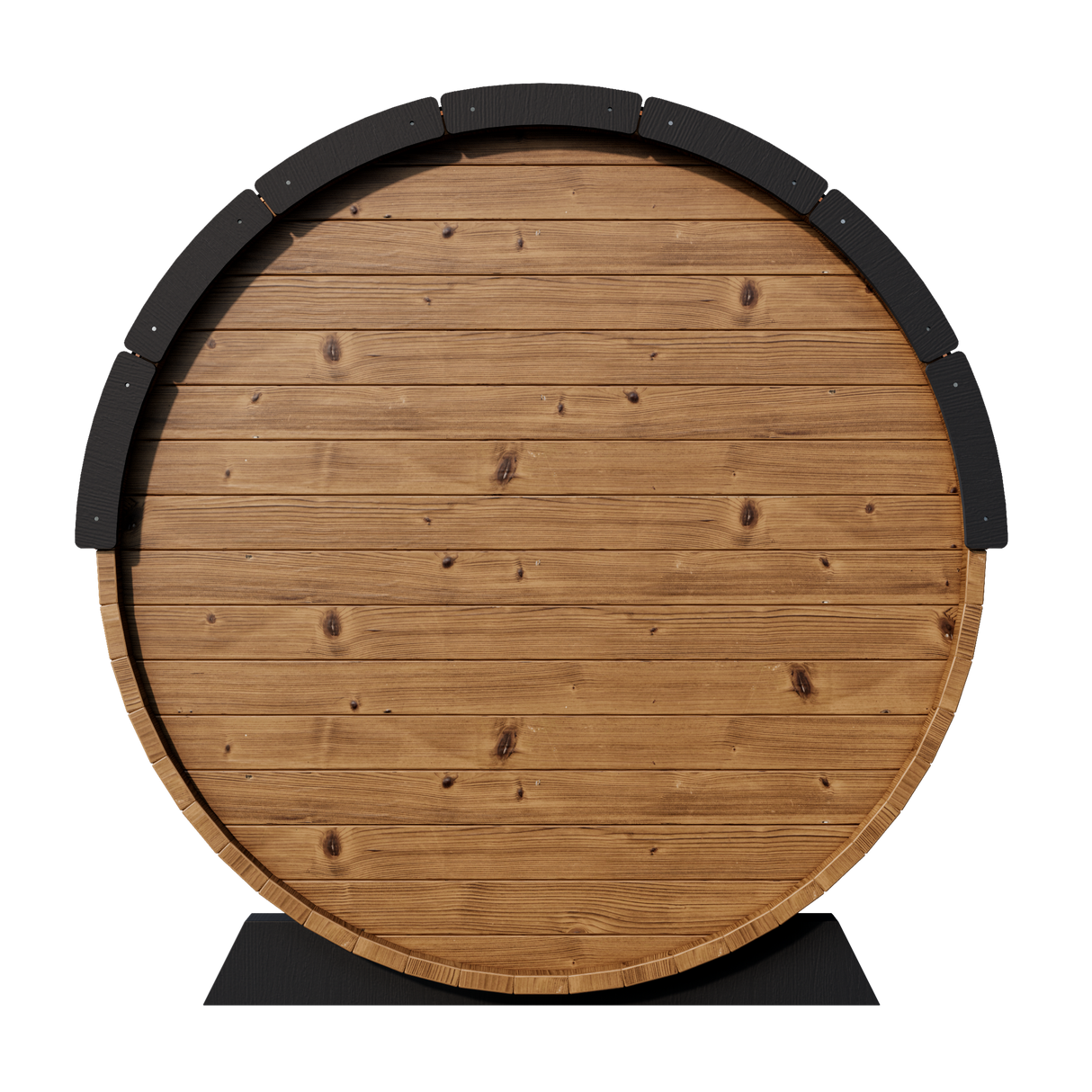 Rear view of the Nordic sauna, highlighting the curved barrel shape and premium craftsmanship