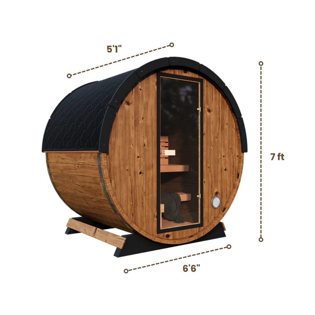 Dimensions of Nordic II 3-person Barrel Sauna made of wood with 2 benches and a full glass door with 6.6 feet base, 7 feet high and 5.1 feet deep