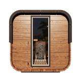 Grand Governor 5-person traditional sauna with a robust cube design and thermally-modified pine exterior, suitable for indoor and outdoor use