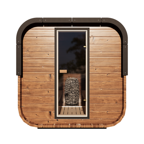 Grand Governor 5-person traditional sauna with a robust cube design and thermally-modified pine exterior, suitable for indoor and outdoor use