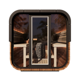 Grand Governor Front Glass 5-person traditional sauna with a sleek full-glass front wall, cube design, and thermally-modified pine exterior