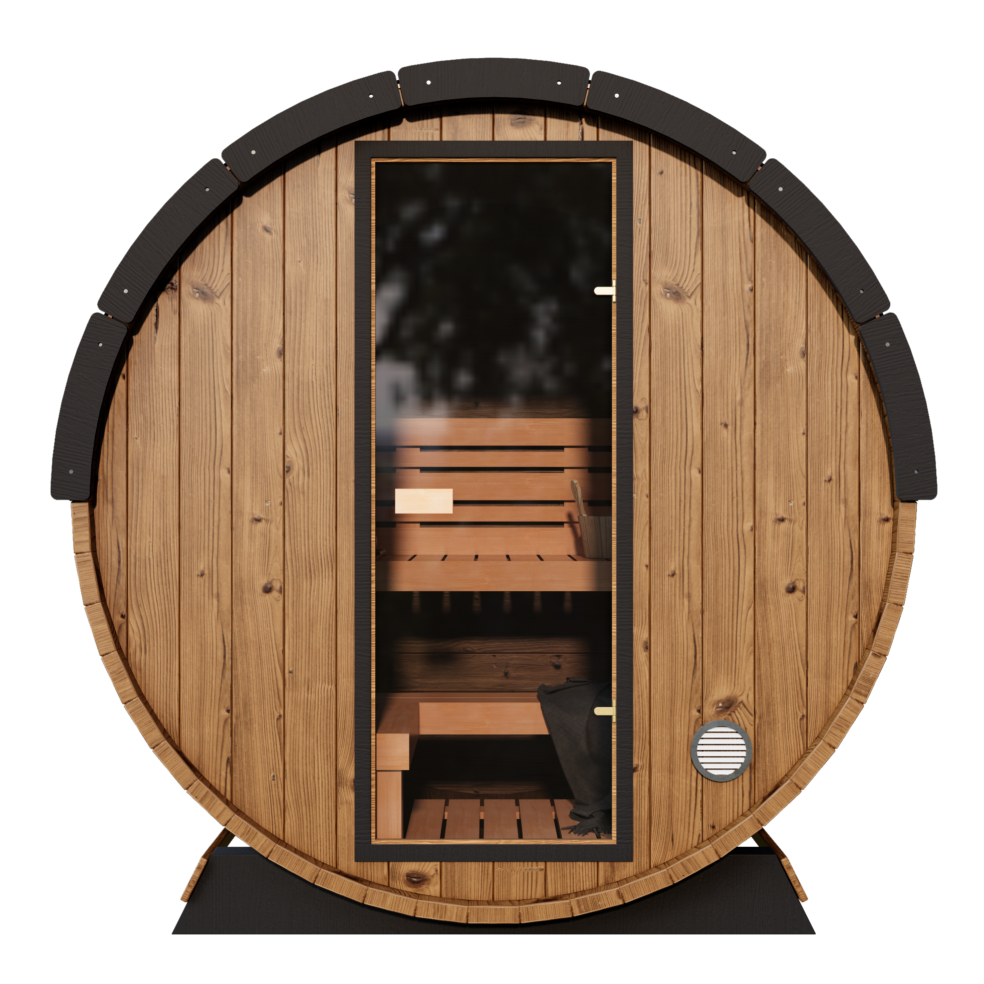 Nordic II compact 3-person barrel sauna with a thermally-modified pine exterior and a watertight shingled roof kit