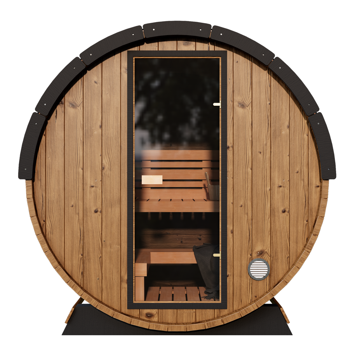 Nordic II compact 3-person barrel sauna with a thermally-modified pine exterior and a watertight shingled roof kit