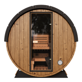 Nordic II compact 3-person barrel sauna with a thermally-modified pine exterior and a watertight shingled roof kit