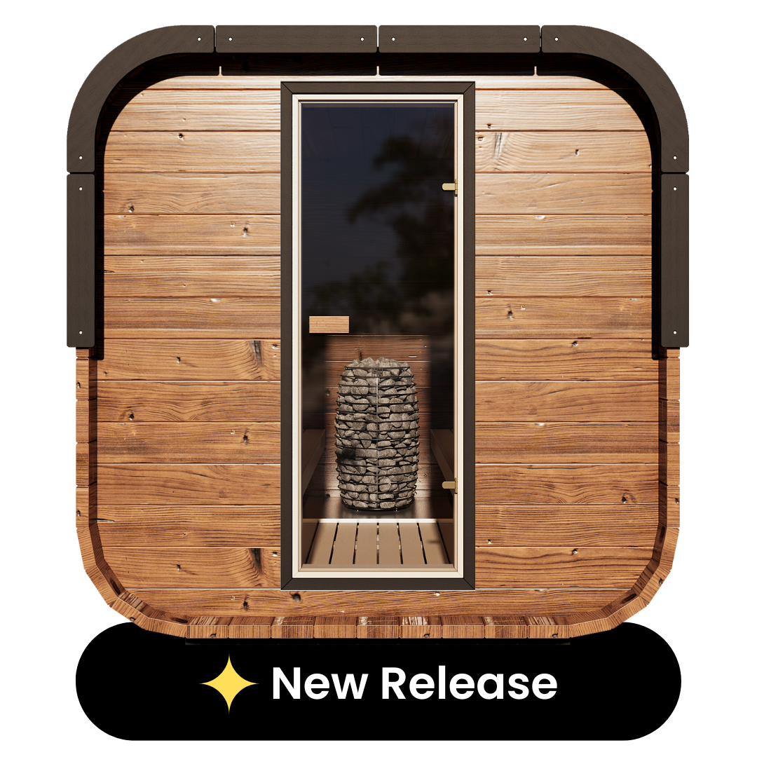 Grand Governor 5-person traditional sauna with a thermally-modified pine exterior and cube design, labeled as 'New Release'