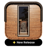 Grand Governor 5-person traditional sauna with a thermally-modified pine exterior and cube design, labeled as 'New Release'