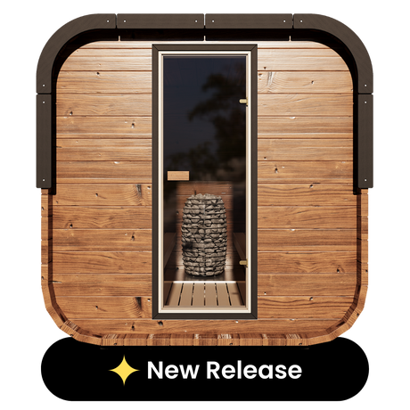 Grand Governor 5-person traditional sauna with a thermally-modified pine exterior and cube design, labeled as 'New Release'