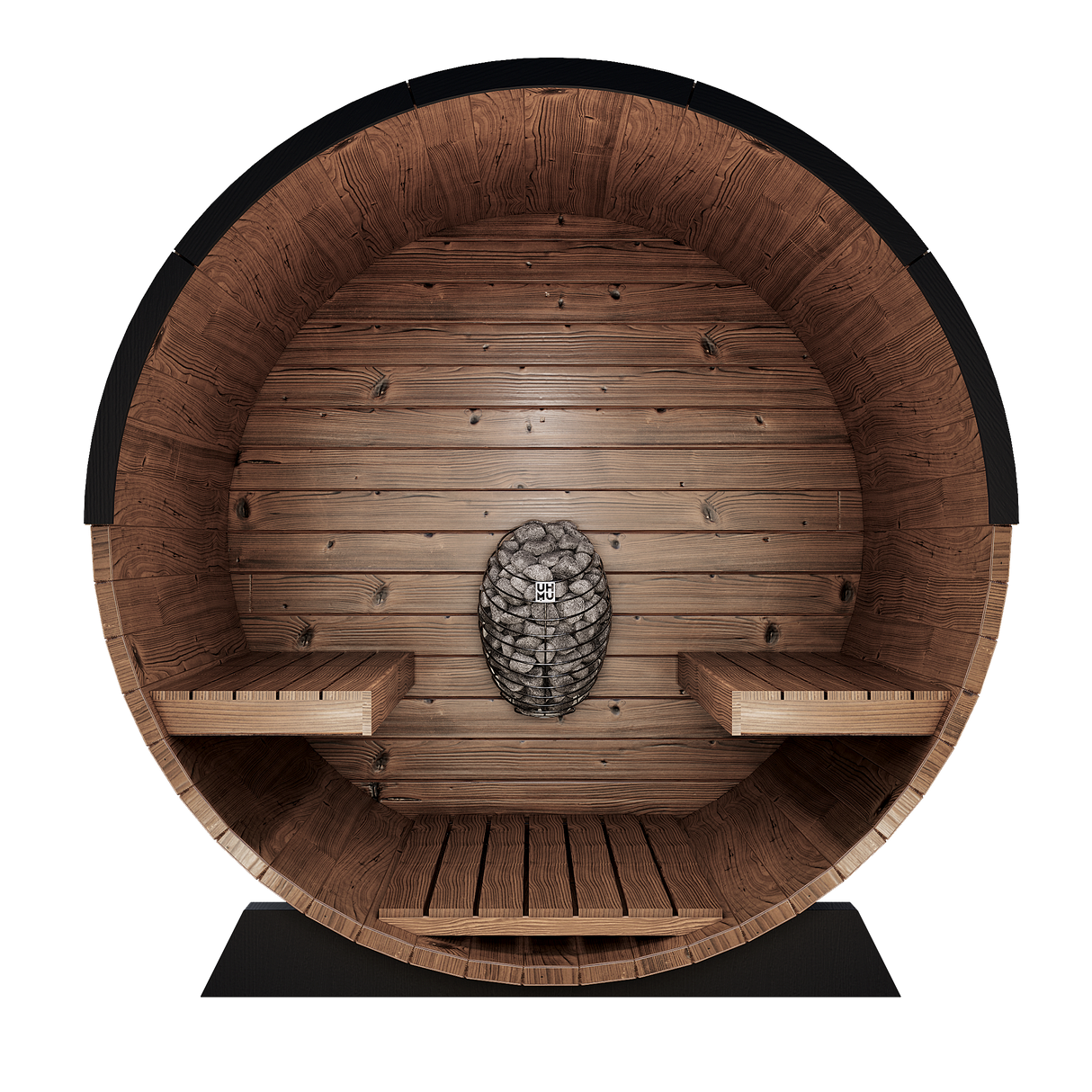 Interior of Odin 2-person Barrel Sauna with a full wood interior 