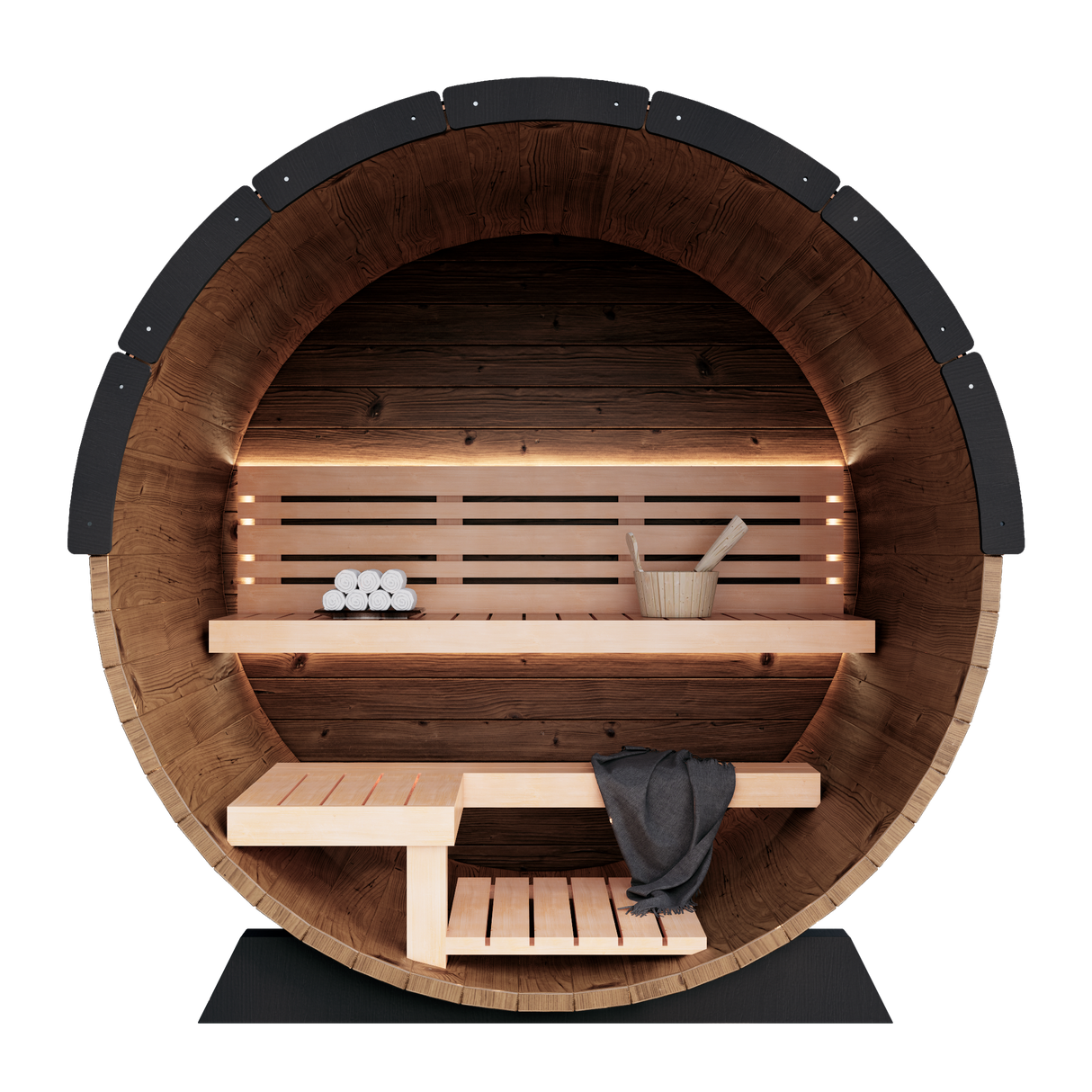 Cozy interior of the Nordic II 3-person sauna, featuring smooth wooden benches and soft ambient lighting.