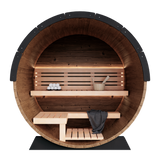 Cozy interior of the Nordic II 3-person sauna, featuring smooth wooden benches and soft ambient lighting.