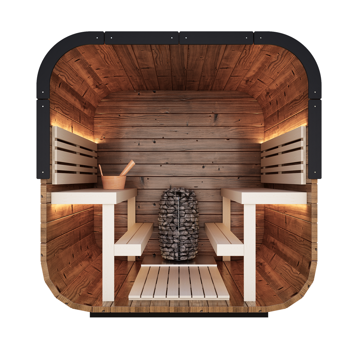 Interior of the Grand Governor Front Glass sauna with alder wood bench seating and interior LED lighting and the powerful Huum Hive Mini heater, offering a spacious traditional sauna experience