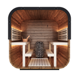 Interior of the Grand Governor Front Glass sauna with alder wood bench seating and interior LED lighting and the powerful Huum Hive Mini heater, offering a spacious traditional sauna experience