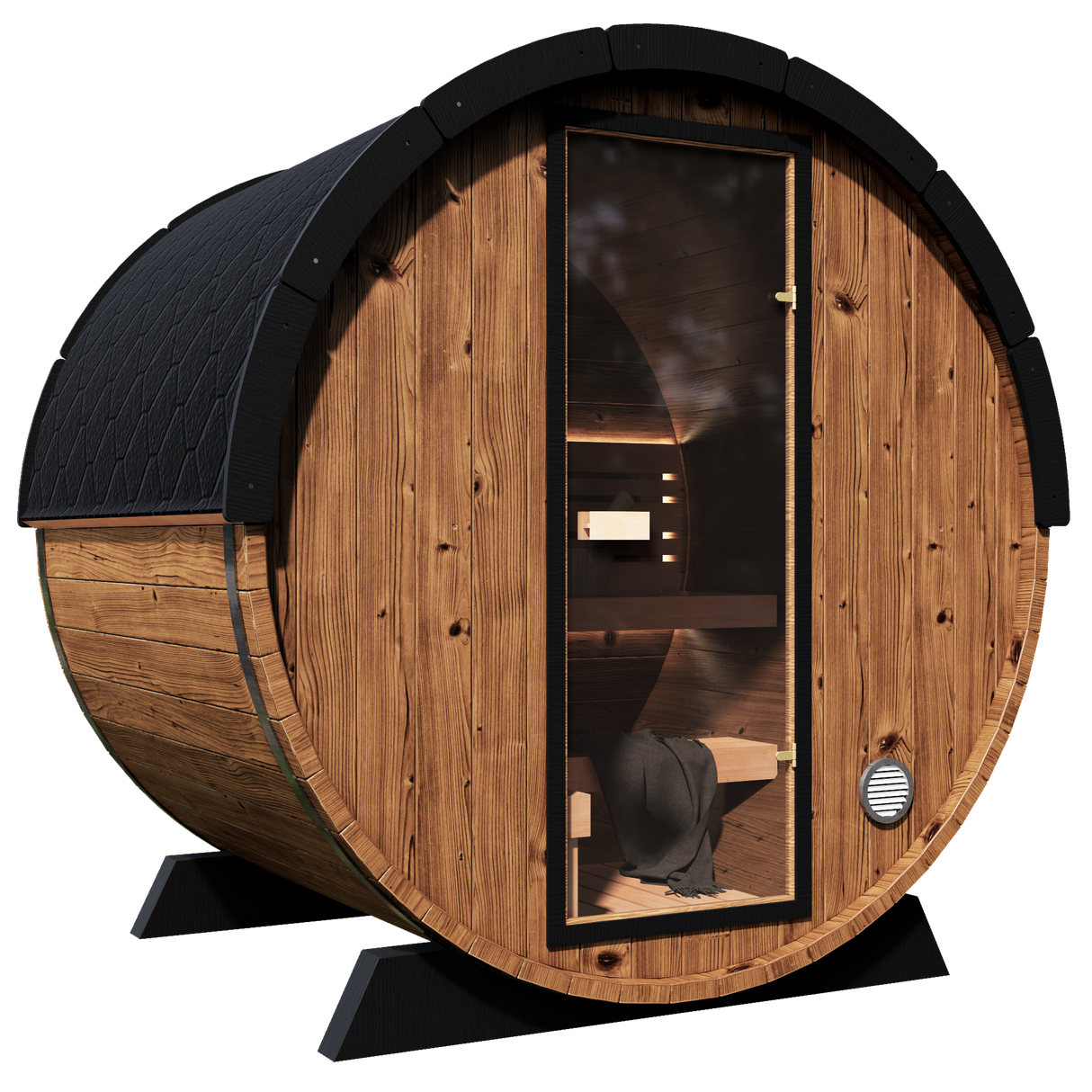 Side profile of the Nordic II sauna, showcasing its sturdy barrel design and durable wood construction.