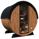 Side profile of the Nordic II sauna, showcasing its sturdy barrel design and durable wood construction.