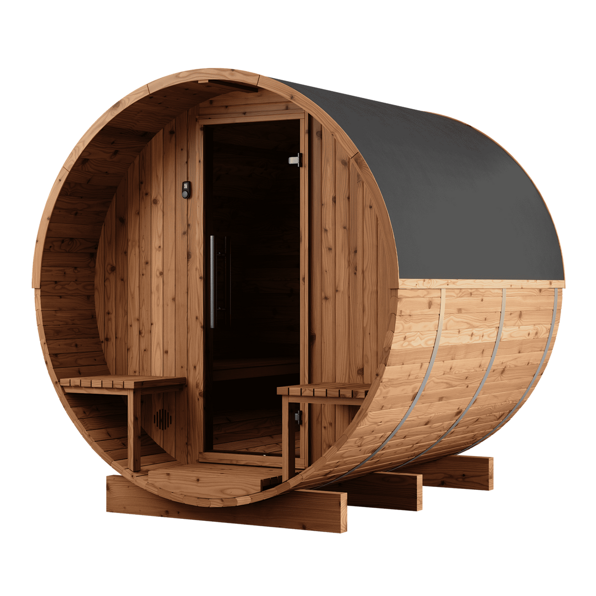 Side profile of the Arcadia 4-person barrel sauna , showcasing its sturdy barrel design and glass door.