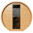 Front view of Prestige 4-person Barrel Sauna made of thermally modified Nordic spruce with a full-glass door 