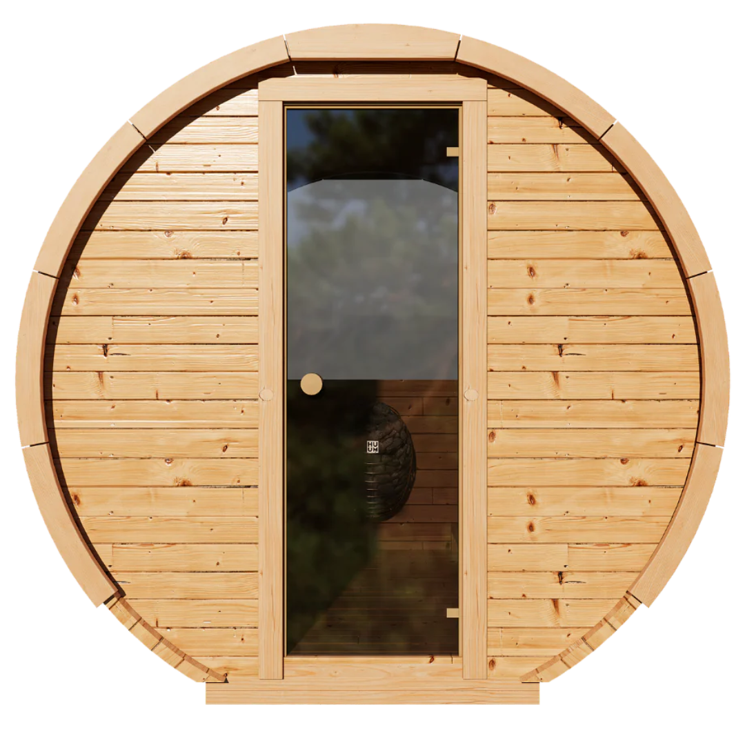 Front view of Prestige 4-person Barrel Sauna made of thermally modified Nordic spruce with a full-glass door 