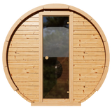 Front view of Prestige 4-person Barrel Sauna made of thermally modified Nordic spruce with a full-glass door 