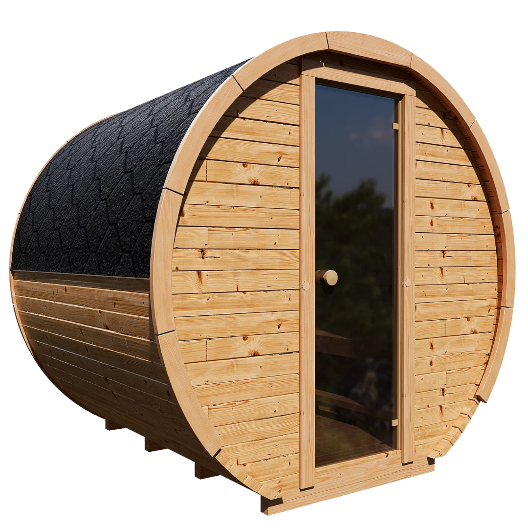 Side view of of Prestige 4-person Barrel Sauna made of thermally modified Nordic spruce with a full-glass door 