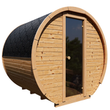 Side view of of Prestige 4-person Barrel Sauna made of thermally modified Nordic spruce with a full-glass door 