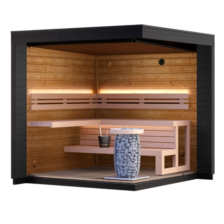 Front Side view of Full wood Minerva Sauna Interior