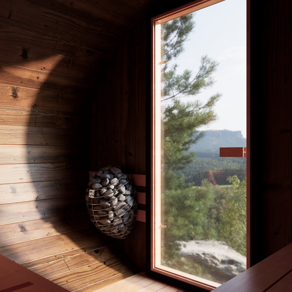 Perspective from inside the Nordic II sauna, looking toward the door, emphasizing its intimate space.