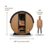 Dimensions of Nordic II  3-person Barrel Sauna made of wood with 2 benches and a full glass door with 6.6 feet base, 7 feet high compared to the average size of a human (5.9 feet)