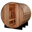 Gothenburg II 2-person barrel sauna with a glass door for a clear outdoor view, thermally-modified pine exterior.