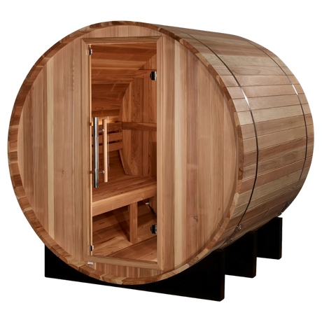 Gothenburg II 2-person barrel sauna with a glass door for a clear outdoor view, thermally-modified pine exterior.