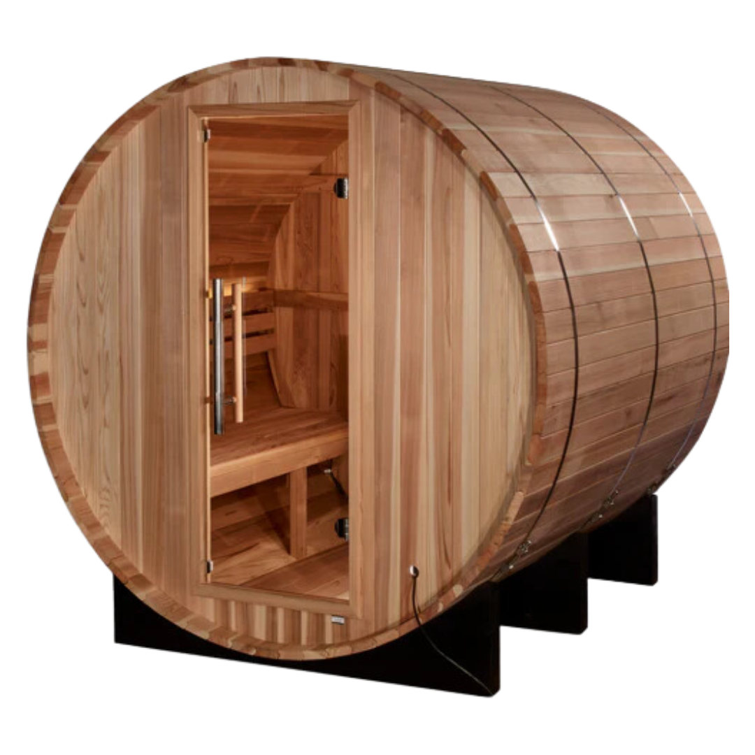 Uppsala II 4-person barrel sauna with a glass door for a clear outdoor view, thermally-modified pine exterior.