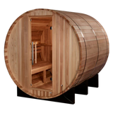 Uppsala II 4-person barrel sauna with a glass door for a clear outdoor view, thermally-modified pine exterior.