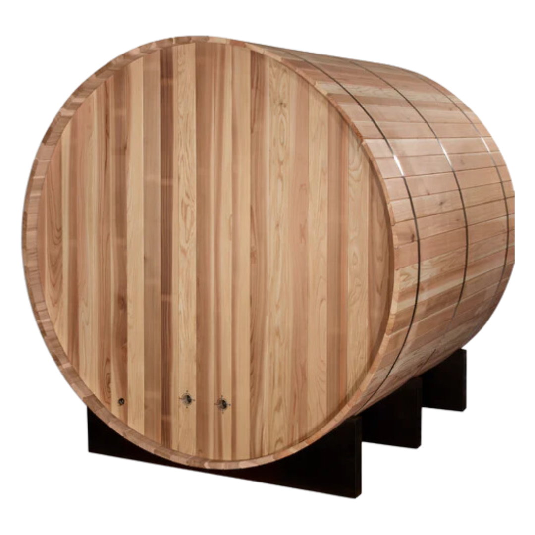 Rear view of the Uppsala II 4-person barrel sauna , highlighting the curved barrel shape and premium craftsmanship.