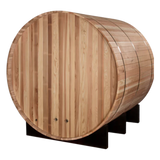 Rear view of the Uppsala II 4-person barrel sauna , highlighting the curved barrel shape and premium craftsmanship.