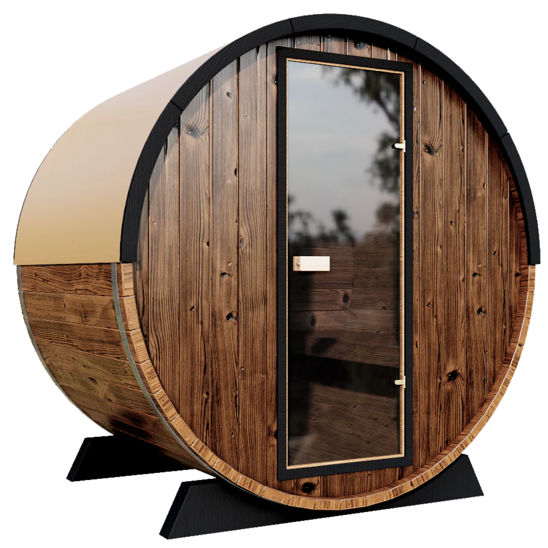 Side view of Odin 2-person Barrel Sauna with a full-glass door