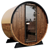 Side view of Odin 2-person Barrel Sauna with a full-glass door