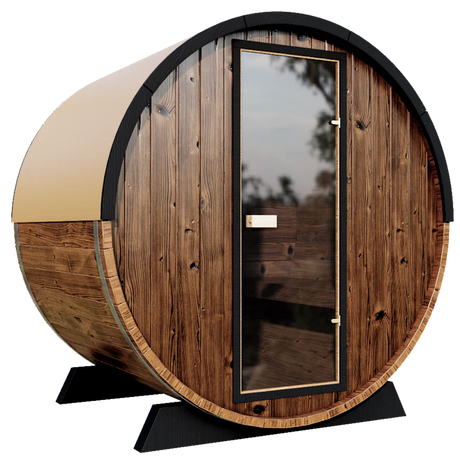 Side view of Odin 2-person Barrel Sauna with a full-glass door