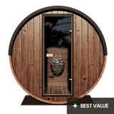 Front view of Odin 2-person Barrel Sauna with a full-glass door, labeled as 'Best Value'