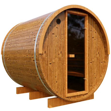 Side view of Horizon 6-person Barrel Sauna with a glass front door and full pine exterior