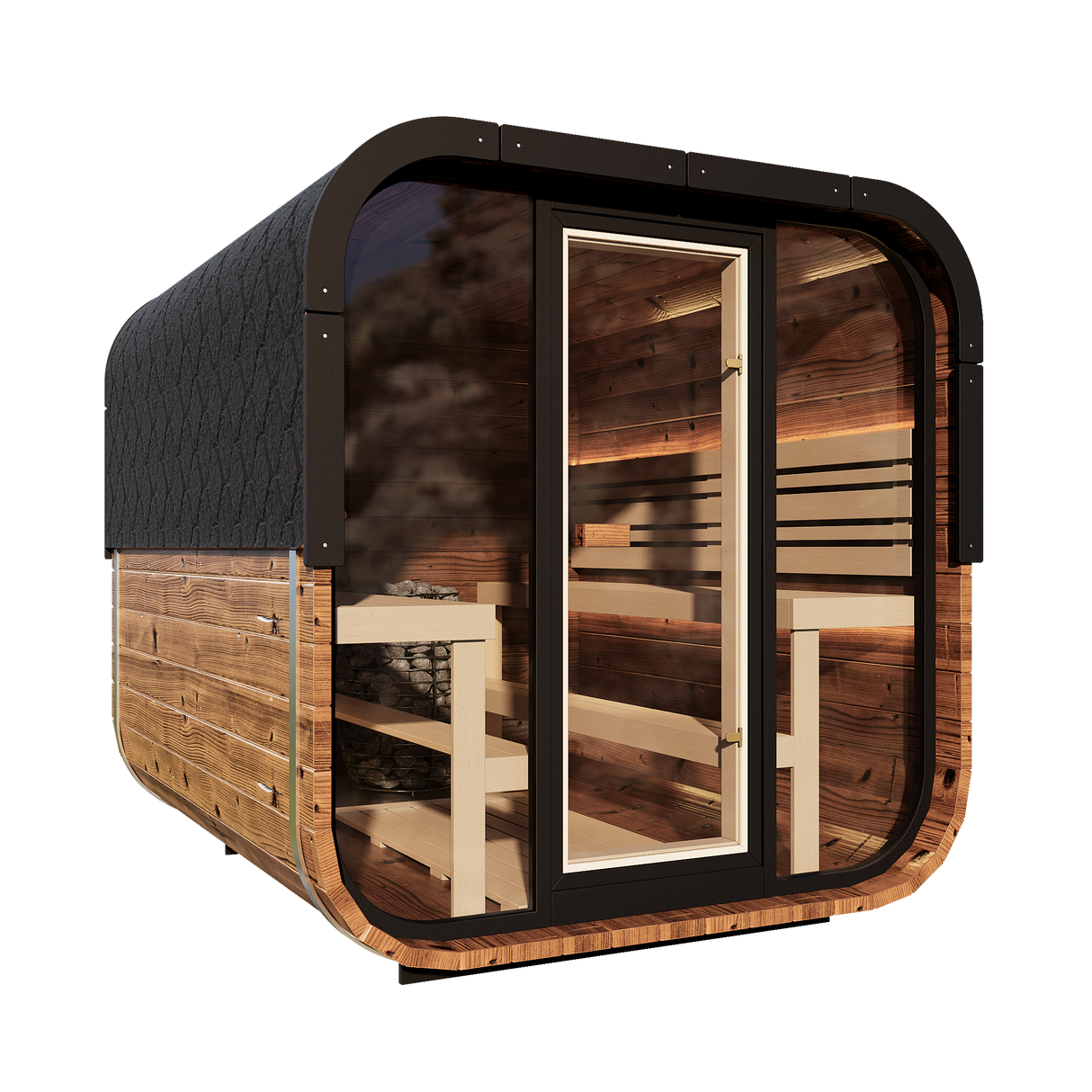 Side view of the Grand Governor Front Glass sauna, featuring a modern cube design and durable thermally-modified pine exterior